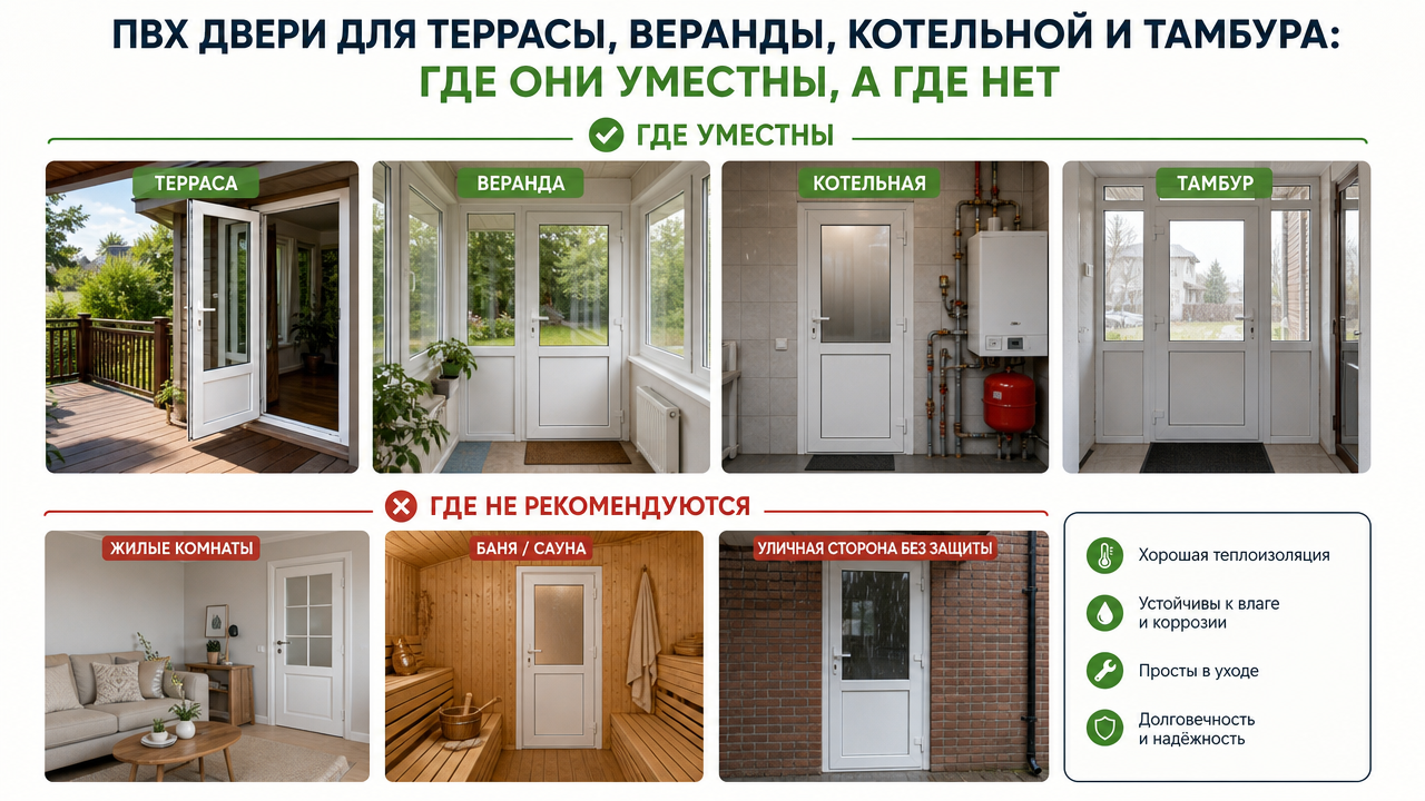 ПВХ двери для террасы, веранды, котельной и тамбура