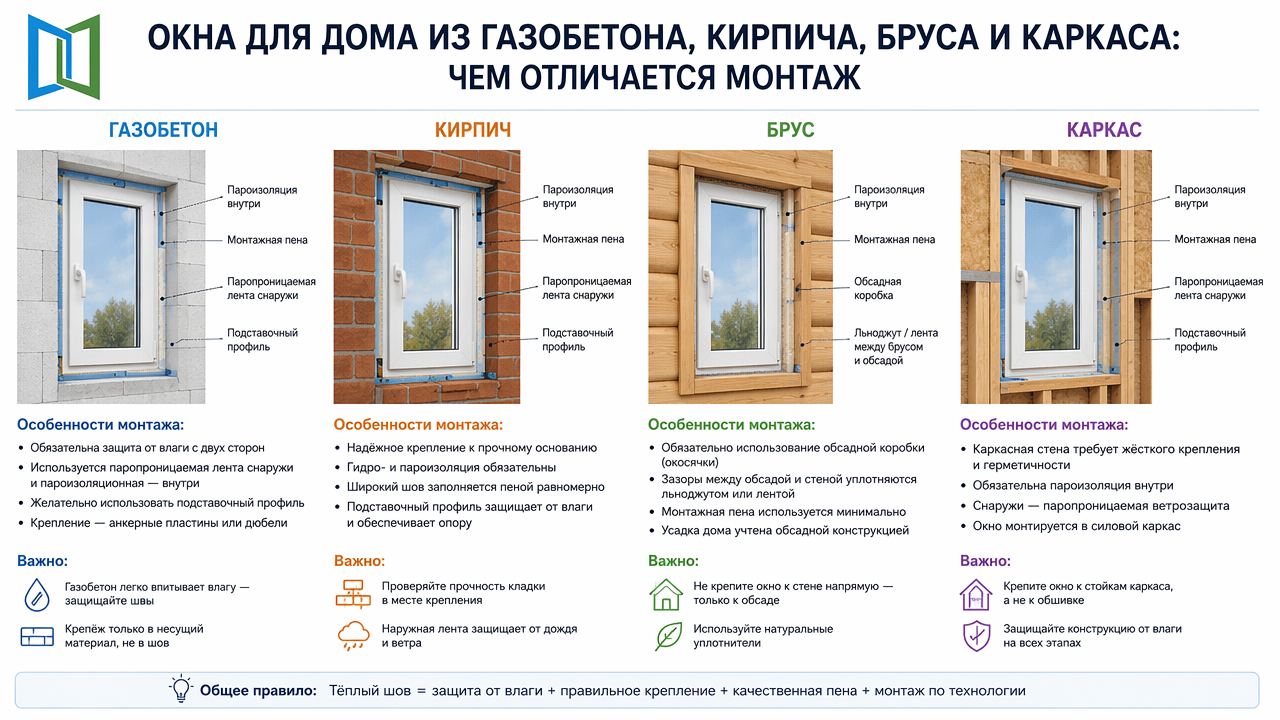 Окна для дома из газобетона, кирпича, бруса и каркаса: чем отличается монтаж