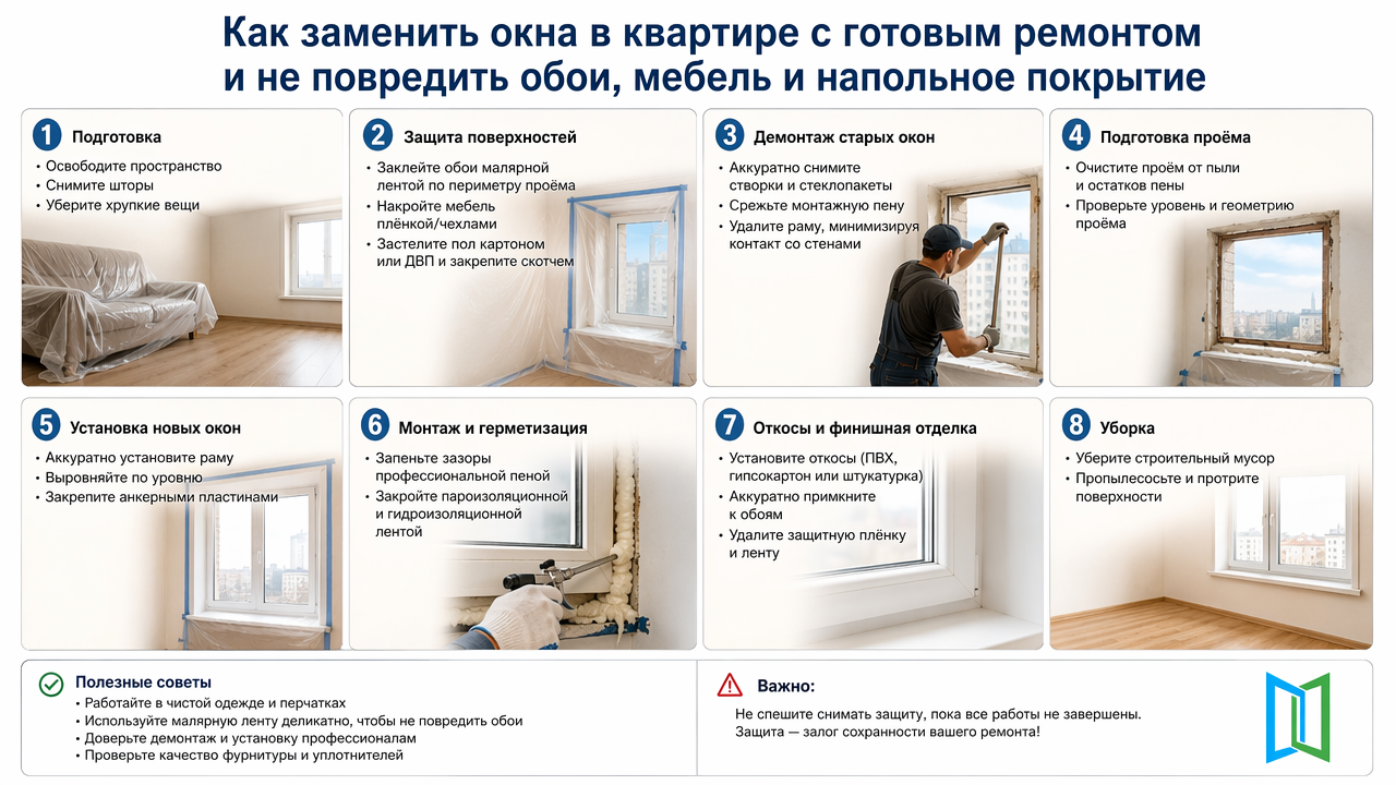 Как заменить окна в квартире с готовым ремонтом и не повредить обои, мебель и напольное покрытие