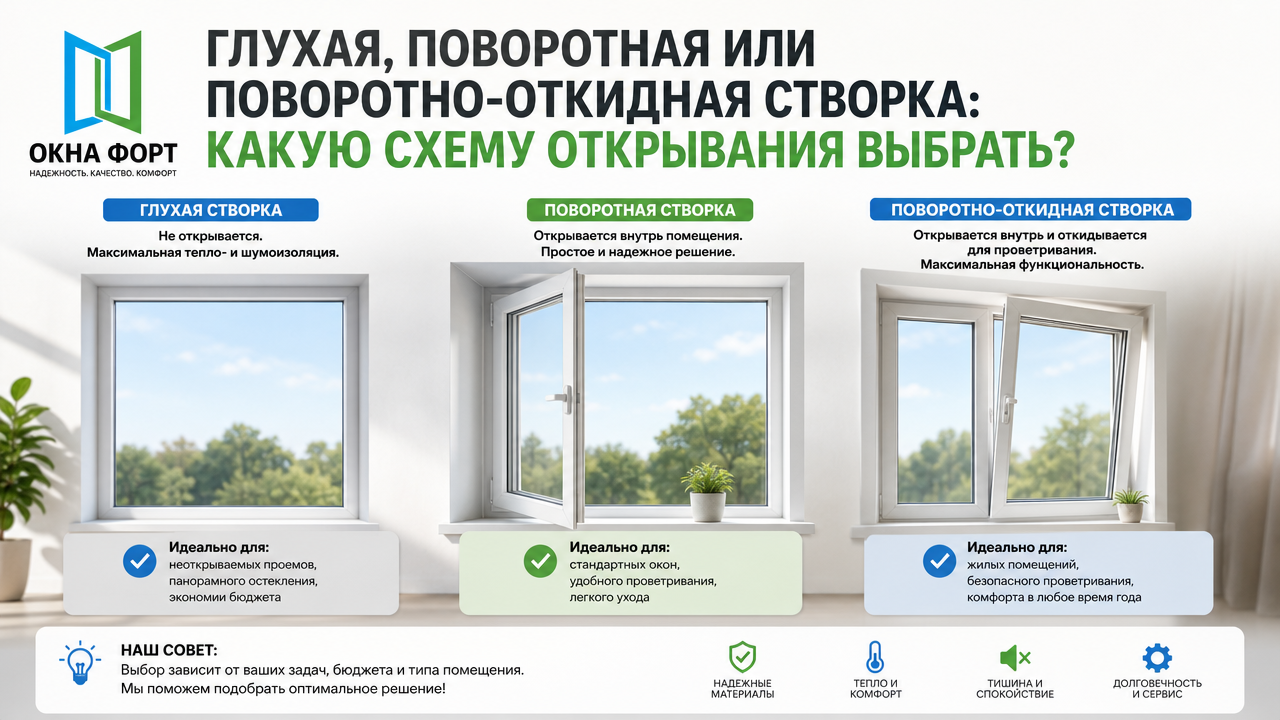 Глухая, поворотная или поворотно-откидная створка: какую схему открывания выбрать